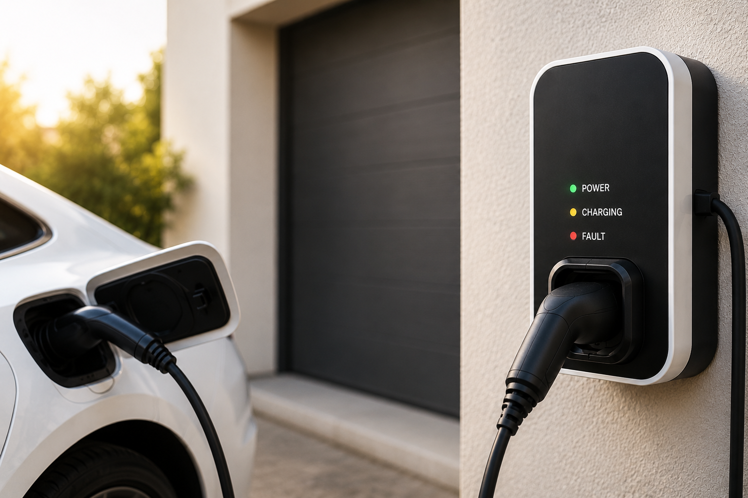 Level 2 EV charger installed on a home exterior wall by Reign Electric